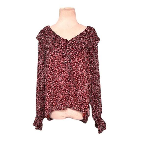Loft red floral long sleeves ruffled lined sheer blouse size small - Picture 1 of 10
